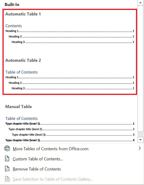 เลือก Automatic Table หรือ สารบัญอัตโนมัติ