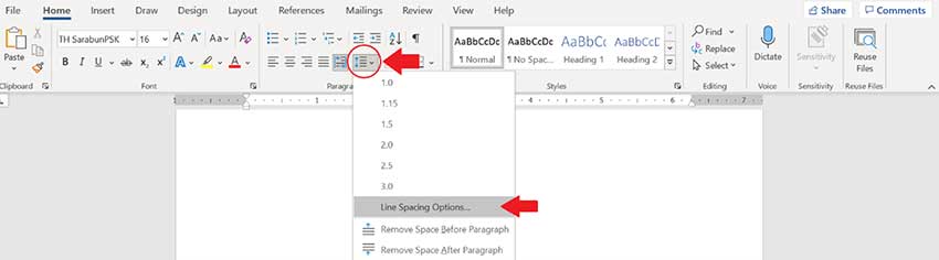 คำสั่ง Line Spacing Options